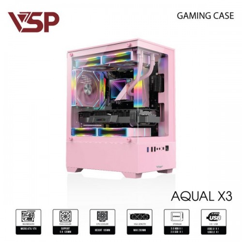 Vỏ case gaming VSP X3 AQUAL - Màu Hồng+ Kèm 3 FAN LED