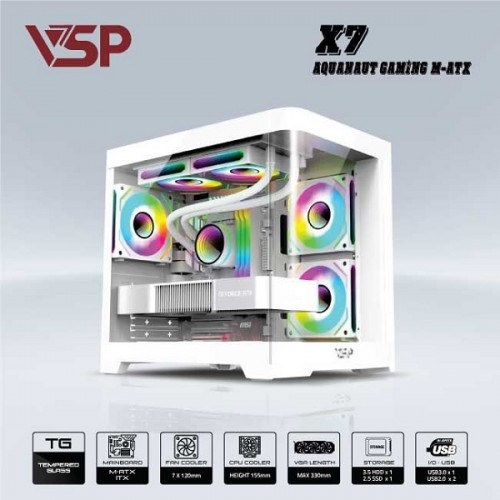 Vỏ case gaming VSP X7 - White- Kèm 3 fan led rgb